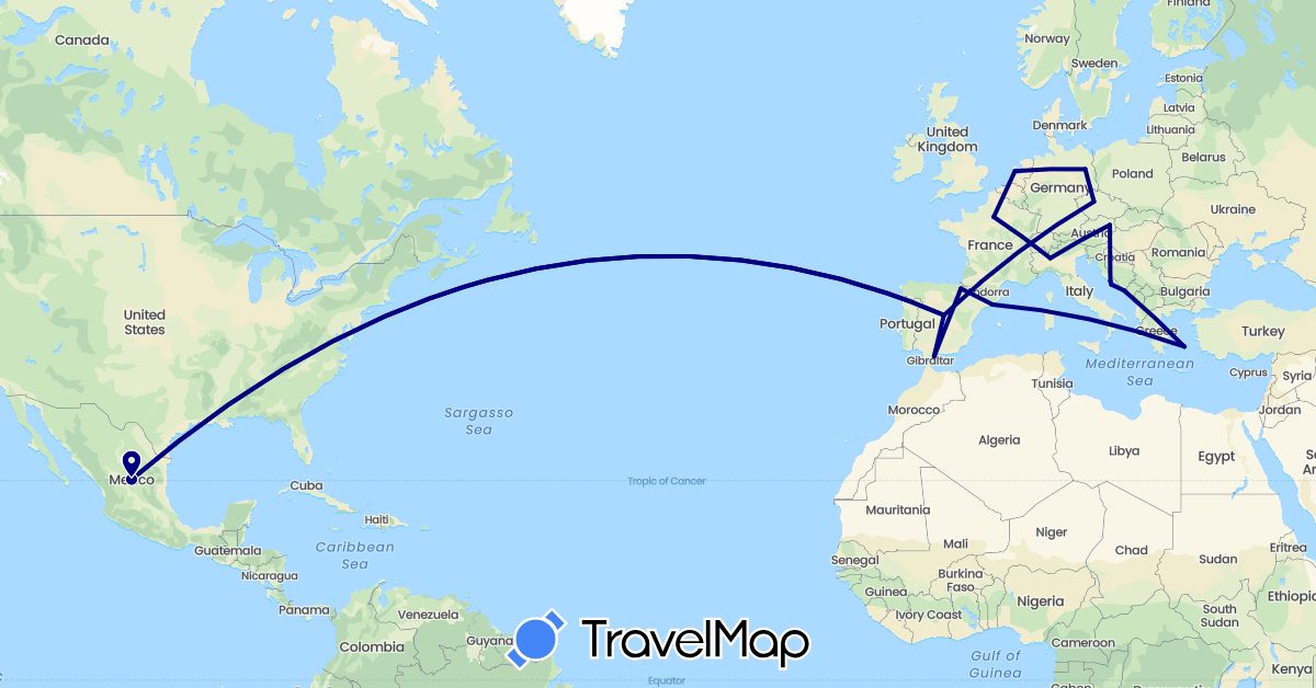 TravelMap itinerary: driving in Austria, Czech Republic, Germany, Spain, France, Greece, Croatia, Italy, Mexico, Netherlands (Europe, North America)